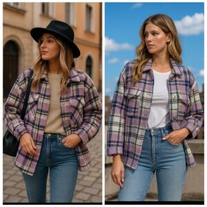 ZARA Purple Plaid Oversized Shacket Shirt Jacket Medium Cozy Fall Winter Blogger
